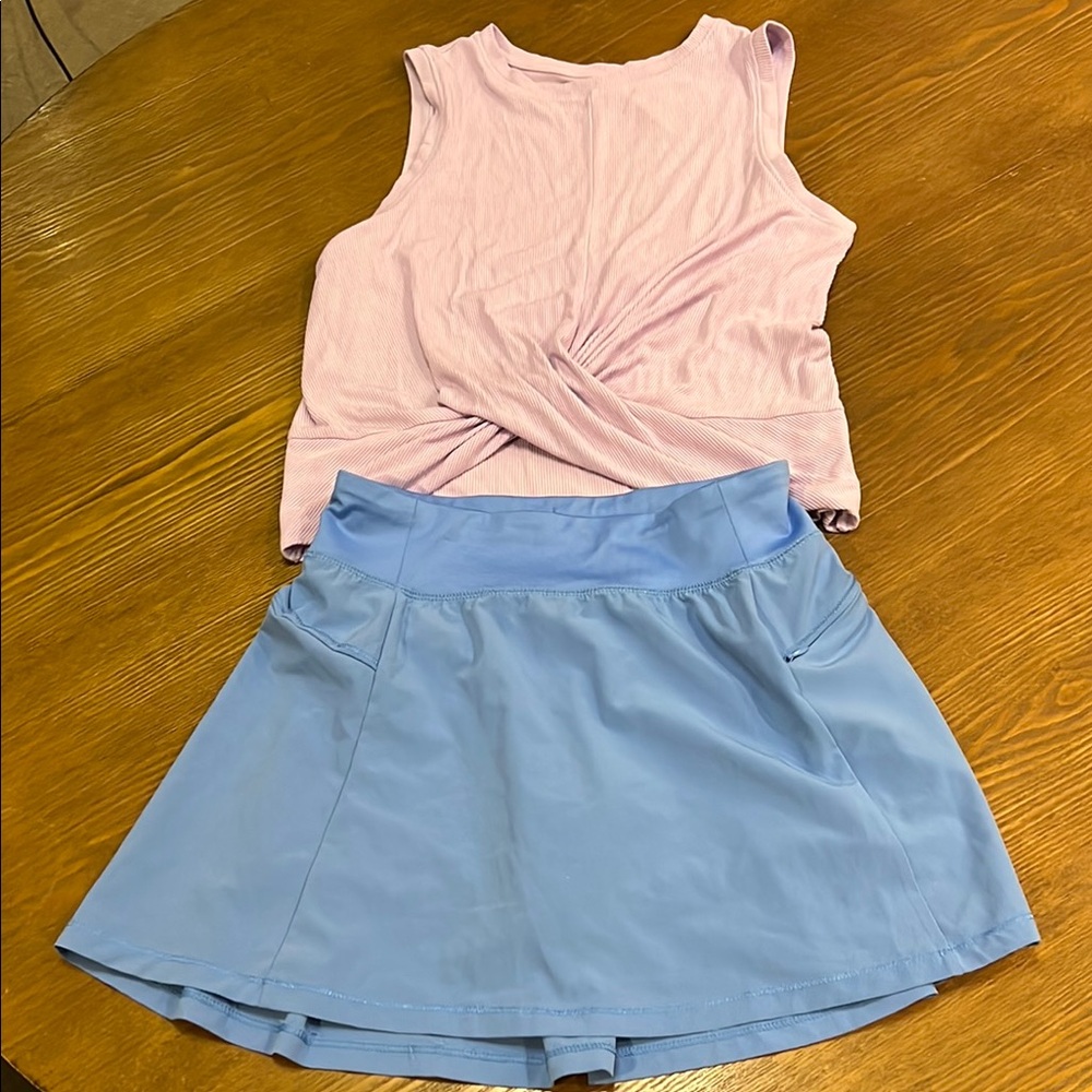 All in Motion Light Purple twist front tank and Blue Kids Skort Sz 10-12